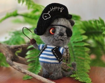 Tiny crochet cat for pirate lovers, cute home decor and funny desk figurine with a hook instead of a paw