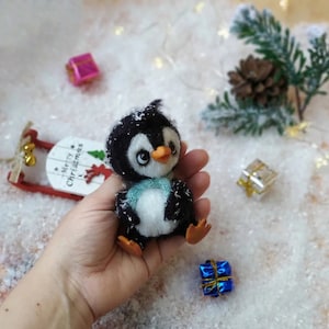 Tiny baby penguin with a heart, unusual gift for St. Valentine&#39;s Days, unique home decor, crochet amigurumi birdie