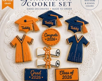Graduation Cookies Custom Name Class of 2026 Gift Set School Colors Grad Party Dessert Favors Cap Gown Diploma Treats