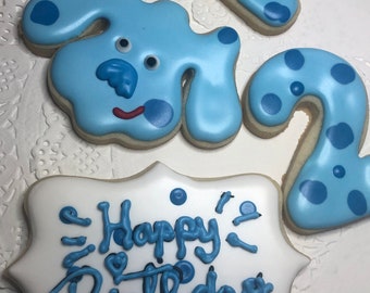 Happy Birthday Cookies Puppy Sugar Cookies Includes: Puppy Face - Personalized Paw Cookie - Age and Plaque Cookies Bagged & Sealed, Blues