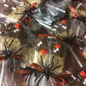 Halloween Cookies.   Rice Krispie Treats Pops dipped in chocolate and decorated for Halloween.  Individually bagged For Safety
