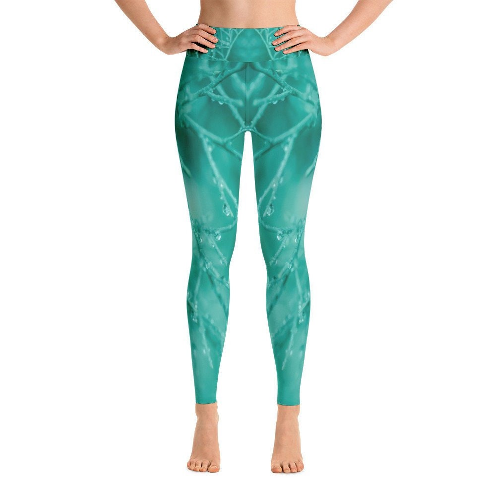 Workout Leggings with Nature Print Teal High Waist Pants | Etsy