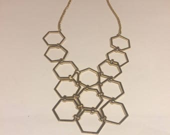Geometric Vintage Honeycomb Hexagon Gold tone Statement Necklace