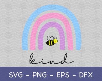 Puede incluir: Gráfico digital con un arcoíris en tonos azul, rosa y morado, con una abeja de dibujos animados. La palabra "kind" está escrita en cursiva debajo del arcoíris. La parte inferior de la imagen incluye el texto "SVG - PNG - EPS - DFX".