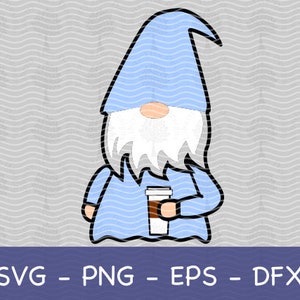 May include: A blue gnome with a white beard holding a brown and white coffee cup.