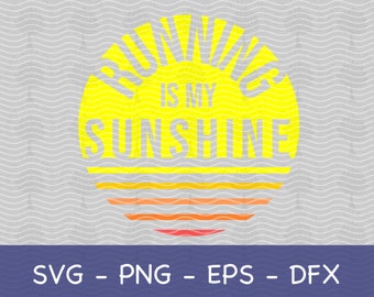 Puede incluir: Un gráfico de sol amarillo con el texto "Running is my sunshine" en blanco. El sol tiene un estilo retro con rayas naranja, rojo y amarillo.