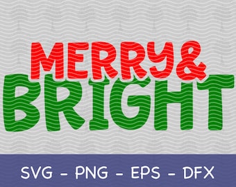 Puede incluir: Texto rojo y verde que dice "Merry & Bright".