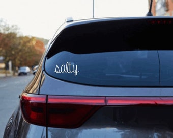 Puede incluir: Un coche gris con una pegatina de vinilo blanco en la ventana trasera que dice "salty".