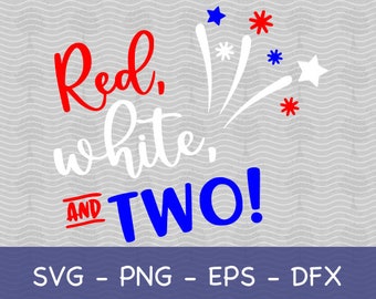 Puede incluir: Rojo, blanco y dos! Un diseño festivo con estrellas y fuegos artificiales rojos, blancos y azules. Perfecto para un segundo cumpleaños o una celebración del 4 de julio.