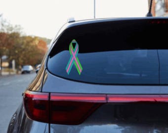 Puede incluir: Un coche con una pegatina de cinta rosa, verde y azul en la ventana trasera.
