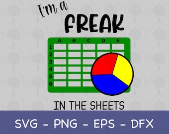 Puede incluir: Una hoja de cálculo verde con el texto "I'm a FREAK IN THE SHEETS" y un gráfico circular con secciones rojas, azules y amarillas.
