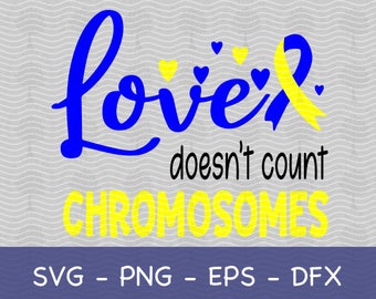 Puede incluir: Diseño gráfico azul y amarillo con el texto "El amor no cuenta los cromosomas". El gráfico incluye una cinta azul con ribete amarillo y varios corazones amarillos.