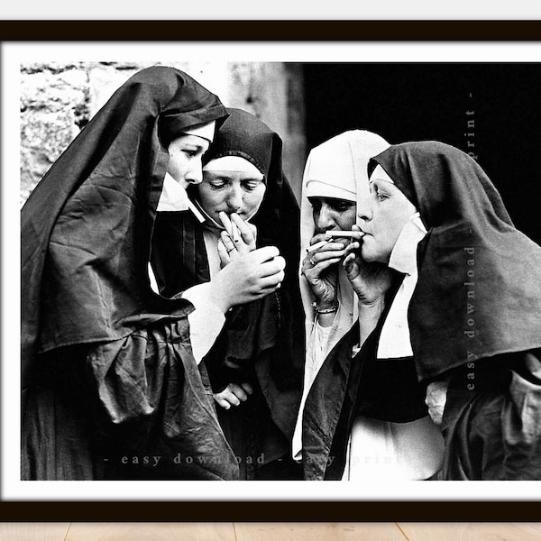 Smoking Nuns Retro 1950s Photo - Printable Vintage Photo Poster - Instant Download Easy Print JPG File for Collecting Printing Framing