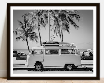 May include: Black and white photograph of a white vintage van parked on a street with palm trees in the background. The van has a roof rack with luggage on top. The text "easy download - easy print" is at the bottom of the image.