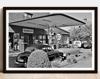 1950s Gas Station Photo: Vintage Cars Poster (Digital Download)