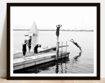 Vintage Boys Swimming Photo Poster: Antique Diving Print (Digital Download)