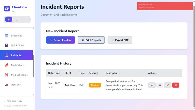 May include: Screenshot of a software interface titled "Incident Reports." The interface includes options to report, print, and export incident data. An incident history table displays details like date, client, type, and severity.