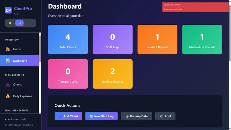 May include: A dark blue dashboard interface with colorful rectangular tiles displaying data. The tiles show numbers for total clients, shift logs, incident reports, medication records, transport logs, and expense records. Quick action buttons are also visible.