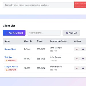 May include: A screenshot of a software interface, featuring a client list with options to add new clients and print the list. The interface includes client names, IDs, phone numbers, and emergency contacts. The software is labeled "ClientPro".
