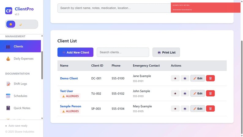 May include: A screenshot of a software interface, featuring a client list with options to add new clients and print the list. The interface includes client names, IDs, phone numbers, and emergency contacts. The software is labeled "ClientPro".