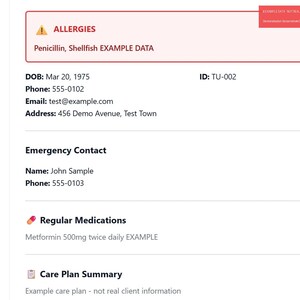 May include: Screenshot of a digital interface for a client management system. The interface displays client information, including allergies, contact details, and medication information. The interface has a white and purple color scheme.
