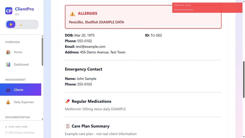 May include: Screenshot of a digital interface for a client management system. The interface displays client information, including allergies, contact details, and medication information. The interface has a white and purple color scheme.