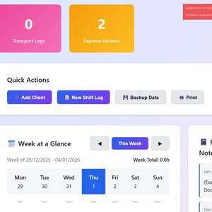 May include: Screenshot of a software dashboard with a purple and white color scheme. The interface displays transport logs, expense records, quick actions, and a week-at-a-glance calendar. The software is labeled "ClientPro".