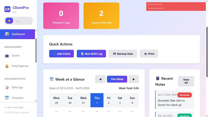May include: Screenshot of a software dashboard with a purple and white color scheme. The interface displays transport logs, expense records, quick actions, and a week-at-a-glance calendar. The software is labeled "ClientPro".