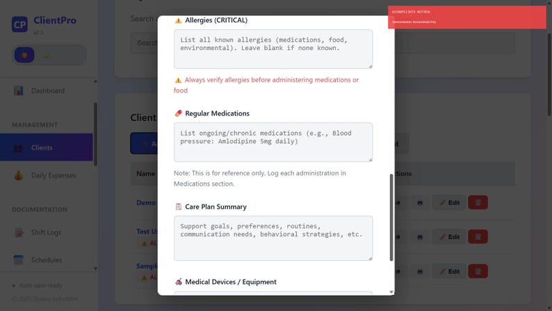 May include: Screenshot of a digital interface for a client management system. The interface displays sections for allergies, medications, and care plan summaries. The interface includes text fields and edit buttons.