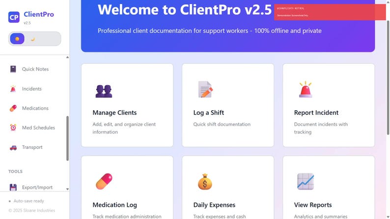 May include: ClientPro v2.5 software interface with a blue and white color scheme. The interface includes options for managing clients, logging shifts, reporting incidents, and tracking medications. The software is designed for support workers.