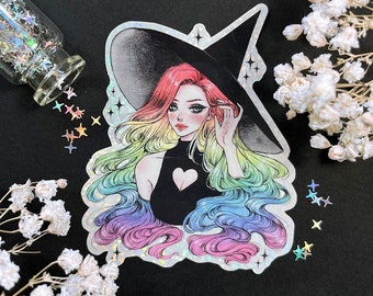 Rainbow witch holograpic glitter sticker OR magnet - cute sparkly fridge magnet - waterproof for water bottle, laptop, bullet journal