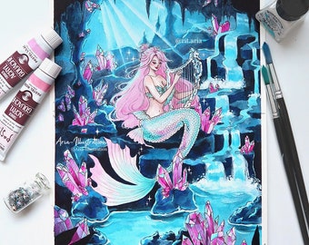 Mermaid's Hideout Art print - Magical mermaid cave Home decor - Cute mermaidcore  - Dreamy fantasy crystal mermaid Painting - Hand drawn art