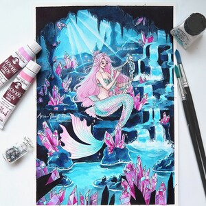 Mermaid's Hideout Art print - Magical mermaid cave Home decor - Cute mermaidcore - Dreamy fantasy crystal mermaid Painting - Arte dibujado a mano