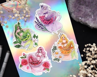 Tea mermaids stickers OR magnets - cute mermaid fridge magnet - waterproof for water bottle, planner, bullet journal - Mermaid sticker set