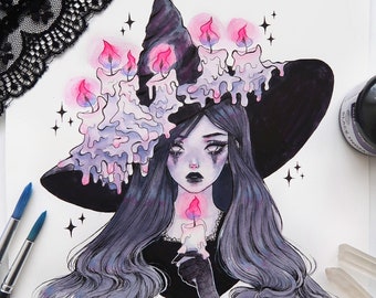 Candle witch Art print - Wall decor witchy painting - Spooky goth witch poster - Halloween gift idea