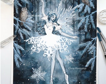 Winter ballet Art print - Cute magical wall decor painting - Snowflake ballerina girl - illustration poster -  Girls room decor- Fairy dance