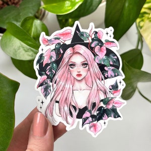 Naklejka lub magnes Philodendron 'Pink Princess' - prezent dla miłośników roślin - Wodoodporna naklejka Plant Witch na butelkę z wodą, laptopa, dziennik