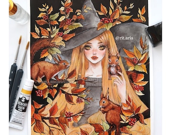 Squirrel witch Art print - Autumn wall decor painting - Cute fall witchy poster