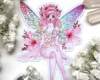 Sakura fairy holograpic glitter sticker OR magnet - cute sparkly fridge magnet - waterproof - water bottle, laptop, planner, bullet journal