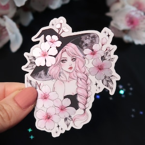 Sticker sorcière Sakura OU aimant scintillant - Joli aimant de réfrigérateur brillant - Sticker sorcière pour bouteille d'eau, ordinateur portable, agenda, bullet journal