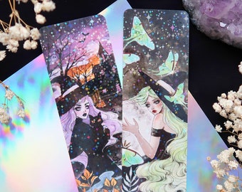 Witchy holographic bookmark - Spooky Aesthetic - Book Lover Gift - Cute Unique Bookmarks - Witch anime bookmark - Holoraphic stars