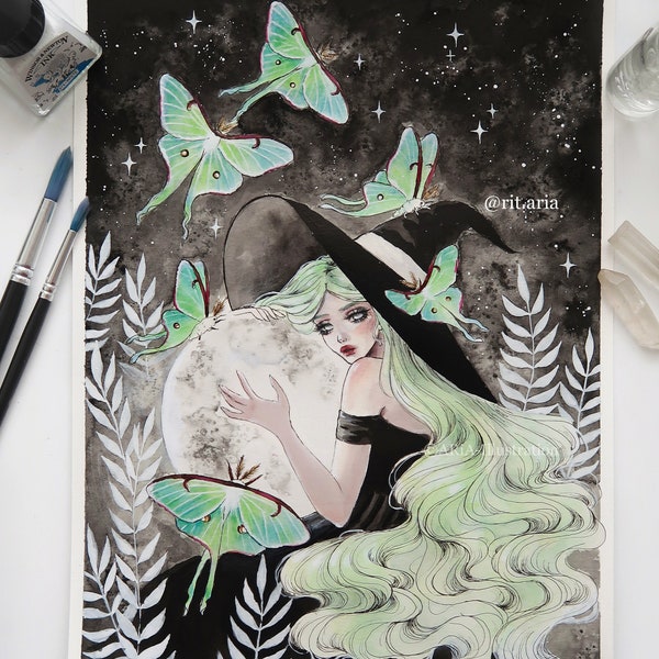 Luna moth witch Art print - Wall decor painting - Witchy poster - hand painted artwork - Moth watercolor painting illustration - fine art