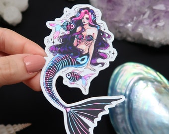 Skeleton mermaid shimmery sticker OR magnet- Spooky sparkly fridge magnet - waterproof for water bottle, laptop, planner, bullet journal