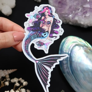 Sticker scintillant sirène squelette OU aimant - Aimant de réfrigérateur brillant effrayant - étanche pour bouteille d'eau, ordinateur portable, agenda, bullet journal