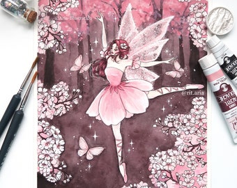Spring Ballet fairy ballerina Art print - Magical cherry blossom Home decor - Cute fairy poster - Dreamy sakura fairycore Painting -