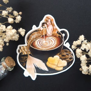 Coffee mermaid foodie vinyl sticker OR magnet- cute waterproof fridge magnet for coffee lovers - Sticker for water bottle, laptop, planner