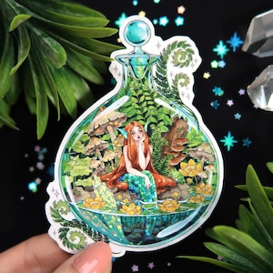 Autocollant ou aimant à paillettes holographique terrarium sirène - Joli aimant brillant pour réfrigérateur - étanche pour bouteille d'eau, agenda, bullet journal