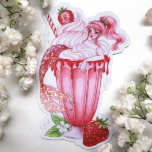 Aimant ou autocollant holographique pailleté milk-shake - Aimant de réfrigérateur scintillant mignon foodie - étanche - bouteille d'eau, agenda, ordinateur portable