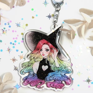 Regenbogen Hexe Glitzer Schlüsselanhänger I Acryl Charm Anhänger - verträumtes kleines Hexen Geschenk - Witchy Schlüsselanhänger