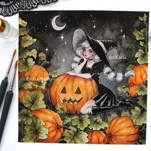 Halloween witch Art print - Spooky wall decor painting - Witchy pumpkin girl illustration poster